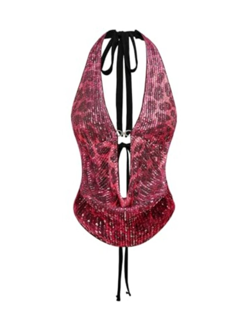 Y2K Cheetah Sequin Crop Tank Top Tie Back Halter Open Back Party